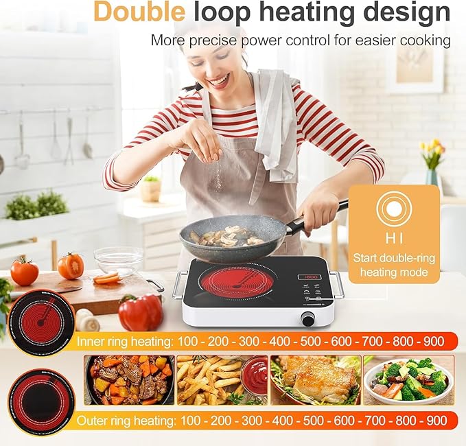 Electric Cooktop 110v, Portable Electric Stove 1800W Infrared Hot Plate, Nafewin Single Burner Cooktop Countertop with Handle, 4-Hours Timing Setting, Compatible for All Cookwares