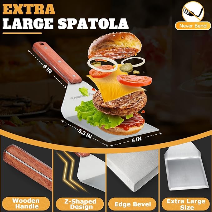 PURPLEBIRD Smash Burger Press Kit 3PCS Set, Stainless Griddle Spatulas Set with Professional Burger Smasher for Griddle, Heavy Duty Grill Press for Smash Burgers BBQ Grilling, for Men