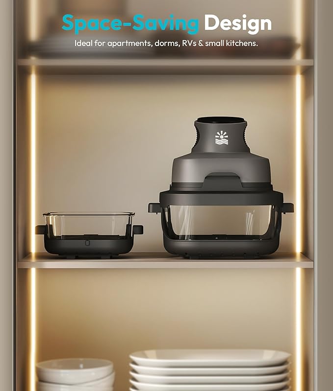 Rellytech Portable Glass Air Fryer - 1500W, 4.2 QT & 6-Cup Dual Glass Containers with Lids, 4-in-1, 60 Min Timer, 140°F-400°F Adjustable, Microwave, Freezer & Dishwasher Safe, Grey