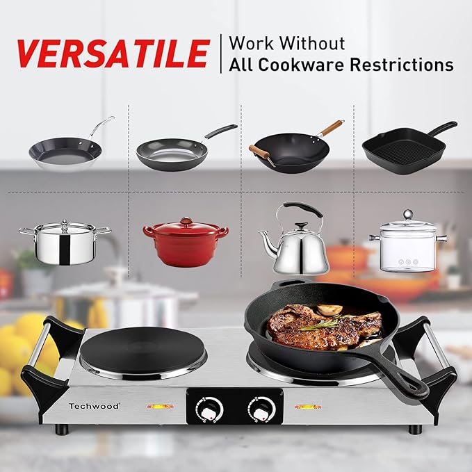 Hot Plate, Techwood 1800W Portable Electric Stove for Cooking Countertop Dual Burners with Adjustable Temperature & Handles, 7.5” Cooktop for Home/RV/Camp, Compatible for All Cookwares, Silver