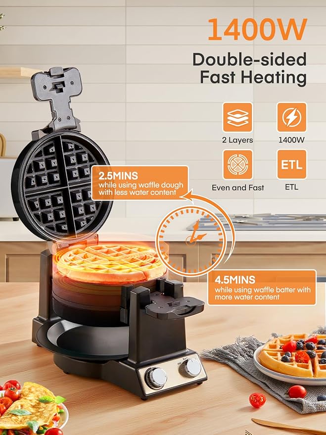 FOHERE 2-in-1 Omelette Maker&Waffle Maker, 1400W Omelet Maker 180° Flip, Adjustable Browning Control, Non-Removable & Nonstick Pans, Make Two Omelet and One Waffle at Once for Home (Dark Black)