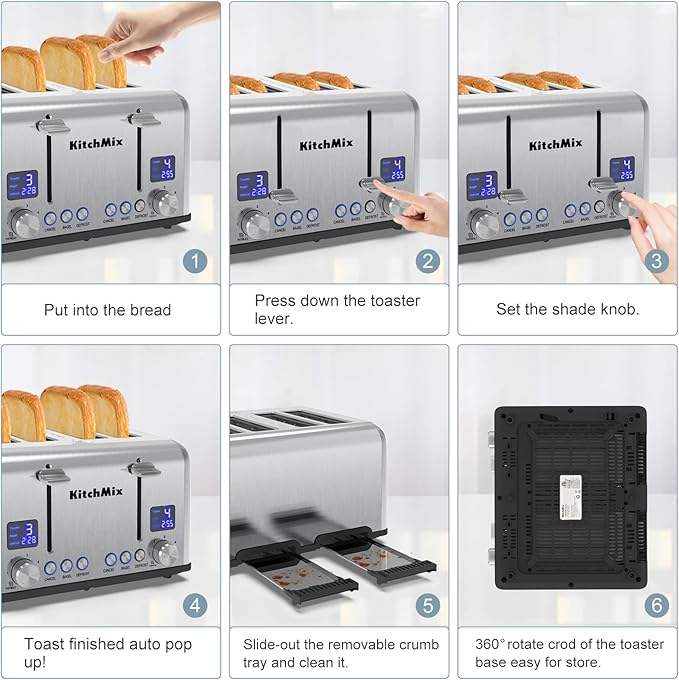 Toaster 4 Slice, KitchMix Bagel Stainless Toaster with LCD Timer, Extra Wide Slots, Dual Screen, Removal Crumb Tray (Stinless steel)
