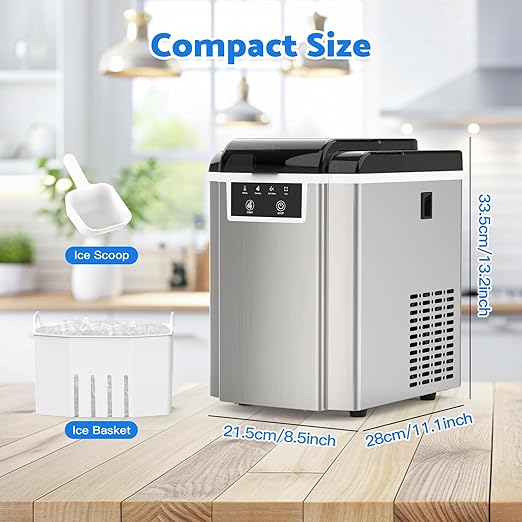 Countertop Ice Makers Machine with Basket and Scoop, 38Lbs/24h Soft Chewable Pellet Ice, One-Click Operation, Nugget Ice Maker for Home, Kitchen, Camping, RV, Office and Party,Sliver