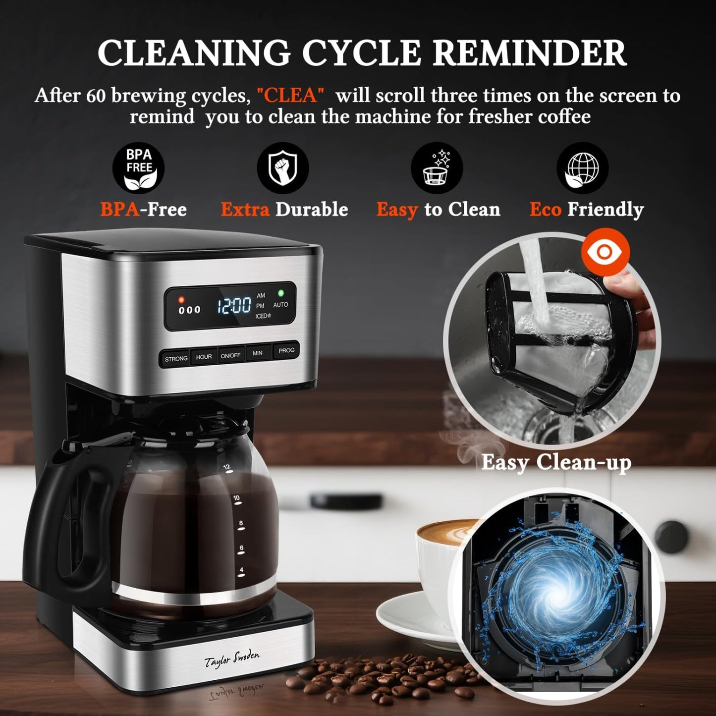 Taylor Swoden Programmable Coffee Makers 12 Cup, Hot and Iced Coffee Maker, 4 Brew Strength, LED Display, 24H Timer, Keep Warm&Auto Shutoff- Drip Coffee Machine for Home/Office, Black &Stainless Steel