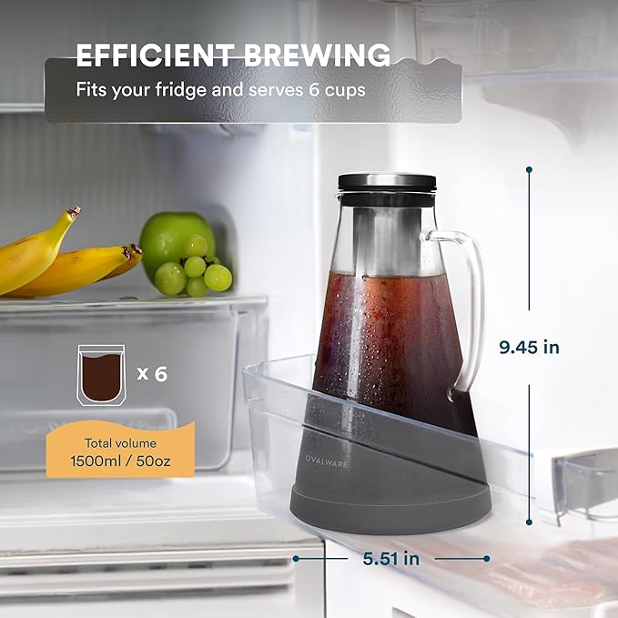 OVALWARE Airtight Cold Brew Iced Coffee Maker Pitcher (& Iced Tea Maker) with Spout – 1.5L/ 51oz Brewing Glass Carafe with Removable Stainless Steel Filter