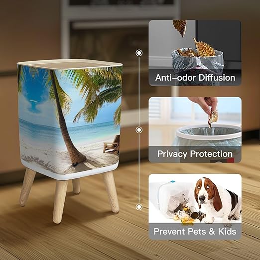 Small Trash Can with Lid Tropical Beach Caribbean sea Saona Island Dominican Republic Wastebasket with Press Cover Dog Proof Garbage Can Waste Bin for Kitchen Bathroom Nursery 2.6 Gallon