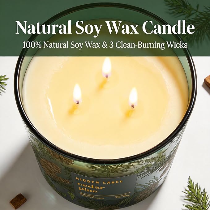 Cedar Pine Scented Candle, 30oz Natural Soy Wax, 3 Wick Large Winter Forest Candle for Home, 100+ Hours Clean Burn, Fresh Cut Christmas Tree Aroma for Holiday Decor, Stress Relief & Gifting