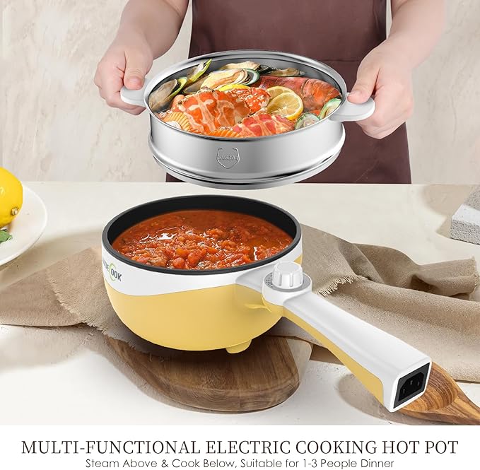 Audecook Hot Pot Electric, 1.7L Mini Electric Skillet Portable Nonstick Sauté Pan with Power Adjustment, Ramen Cooker Travel Multicooker for Steak/Soup/Egg/Oatmeal/Noodles