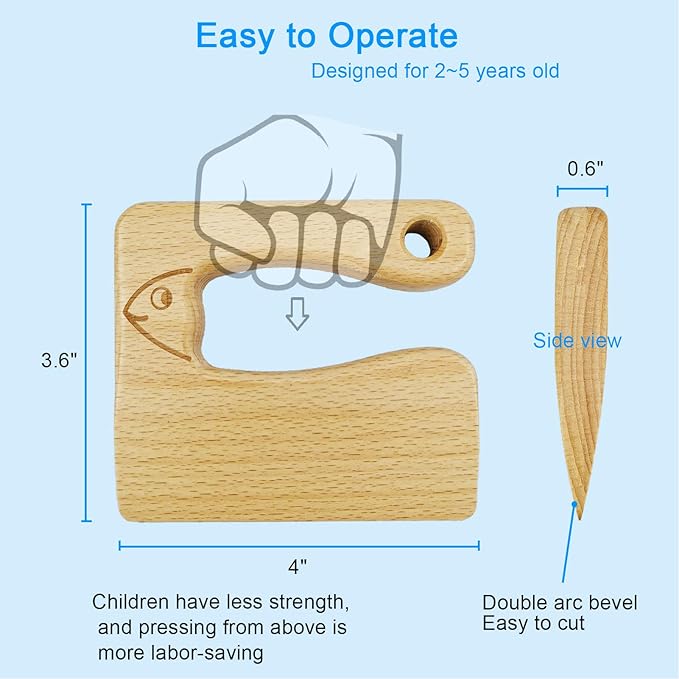 LUOLAO Wooden Kids Knife for Cooking and Safe Cutting Veggies Fruits, Cute Fish Shape Kids Kitchen Tools, Christmas Gifts for kids, 2-5 Years Old Applicable