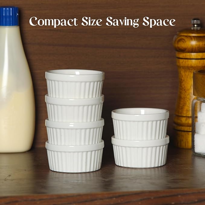 DOWAN Dipping Bowls 1.5 oz, Sauce Cups Mini Ramekins, Tiny Ramekin Porcelain Souffle Dish, Dessert Cups Small Bowls Condiment Cups for Charcuterie Board, Microwave & Oven Safe, Set of 6, Soft White