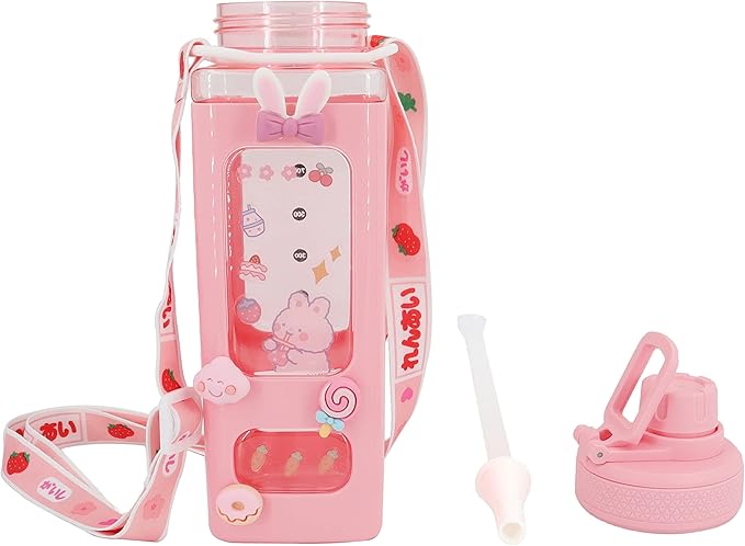 Kawaii Bear Pastel Water Bottle With 3D Sticker 700ml Plastic Travel Tea Juice Milk Portable Cute Shaker Drink Bottle Gift (Pink)