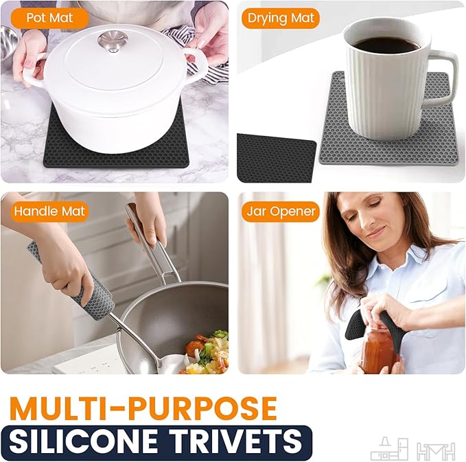 Silicone Trivet Mats 4 Heat Resistant Pot Holders Multipurpose Non-Slip Hot Pads for Kitchen Potholders, Drying mat, Jar Opener, Spoon Holder, Coaster.(Black Dark Gray)