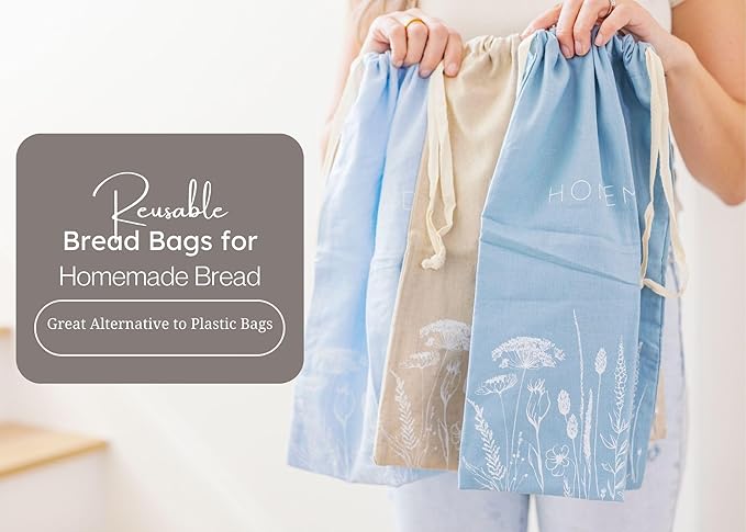 Reusable Bread Bags with Drawstring | XL Pack of 3 | Eco-Friendly Washable Linen Bread Bag & Spacious Sourdough Bread Storage | Bread Bags Reusable Keeps Your Loaf Fresh | Flower Design