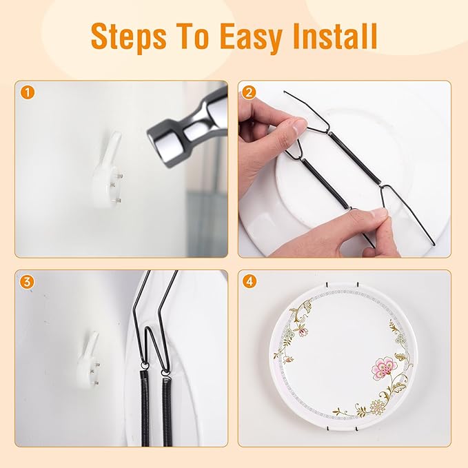 Bilillo 3 Pack Plate Hangers for The Wall, Suitable for 6''-8'' Decorative Plate,Invisible Heavy Duty Wire Plate Holder with Wall Hooks, Plate Hangers for Displaying Plates, Platter, Dish (Black)