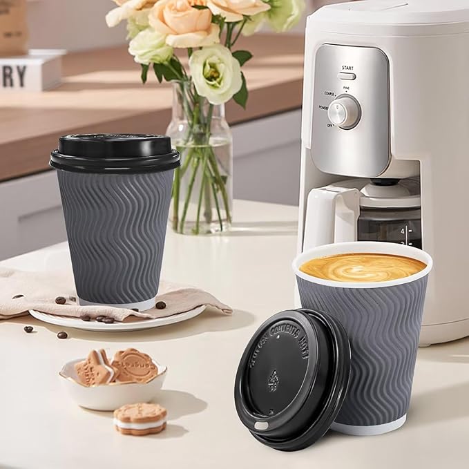 500 Pack Coffee Cups with Lids 16oz, Disposable Insulated Ripple Wall To Go Paper Coffee Cups for Hot/Cold Drinks Office Home Shop Event (Grey)