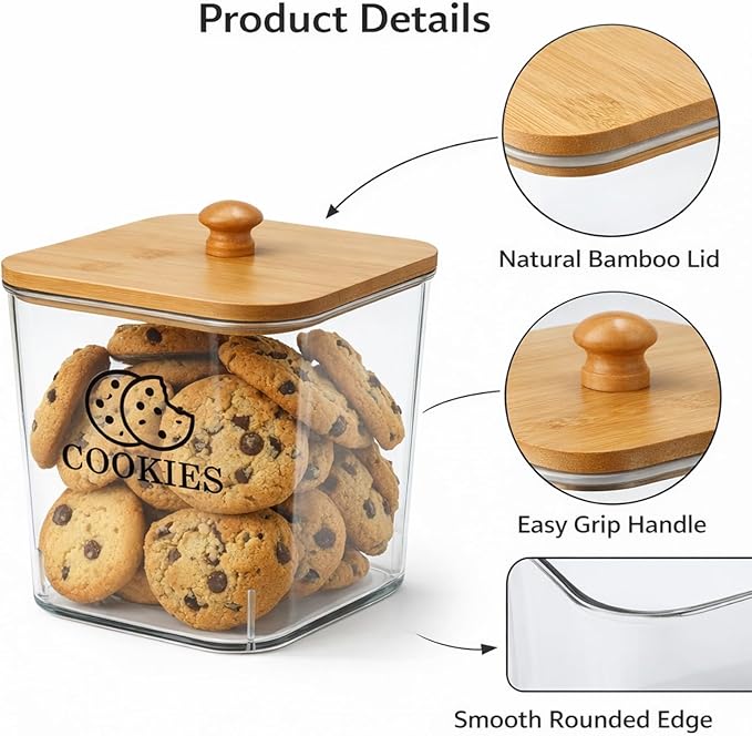 Cookie Jars with Wooden Lids Airtight, 2L Plastic Cookie Tin, Wide Mouth Candy Jar, Kitchen Counter Food Storage Container, Cute Jar for Gift Giving, BPA-Free, Clear