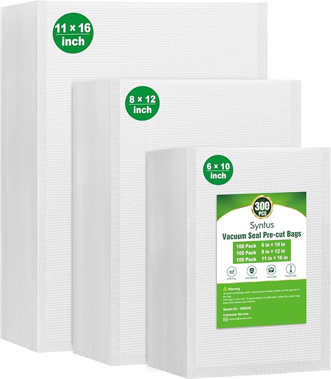 Syntus Vacuum Sealer Bags, 300 Gallon 11" x 16" and Quart 8" x 12" and Pint 6" x 10" Commercial Grade PreCut Bag, BPA Free Food Vac Bags for Storage, Meal Prep or Sous Vide
