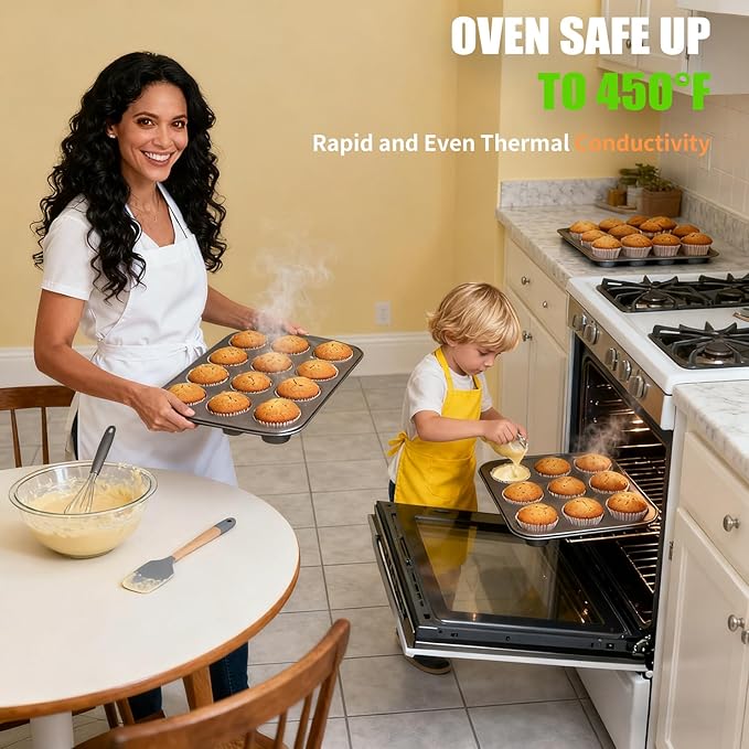 Muffin Pan for Baking, Nonstick Cupcake Tin 12 Cup, 2 Pack Cup Cake Tray, Premium Cheesecake Pans, Dishwasher Safe- Carbon Steel
