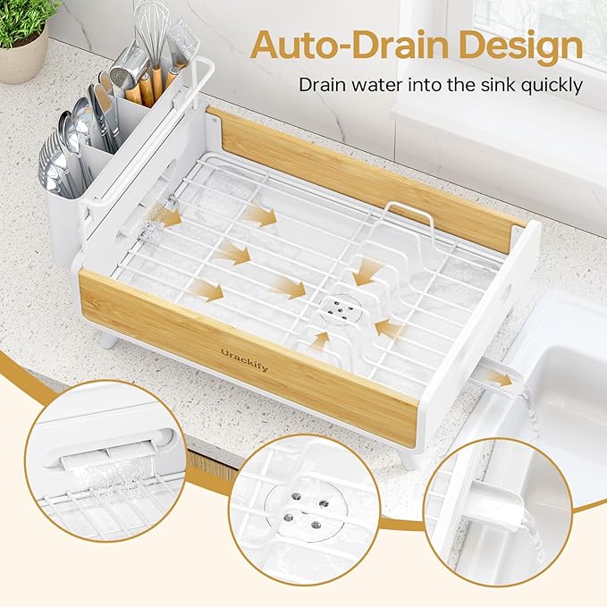 Urackify Dish Drying Rack for Kitchen Counter - Stainless Steel & Bamboo Dish Rack with Large Removable Utensil Holder, Dish Drainer with Adjustable Automatic Spout, White