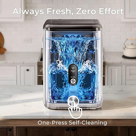 Nugget Ice Maker Countertop: 33lb/Day, Self-Cleaning, Black Stainless Steel, Portable, Soft Chewable Pebble Ice Machine for Home Kitchen, RV & Office