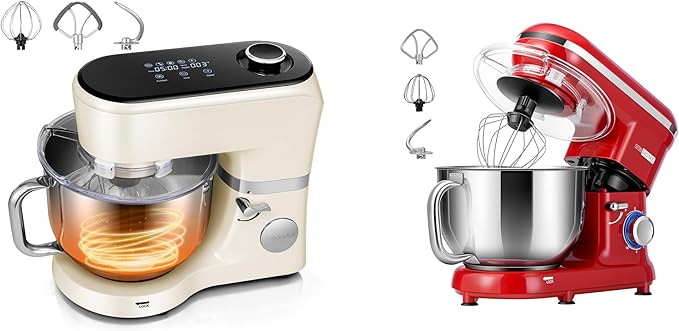 VIVOHOME Stand Mixer with Fermentation, One-Touch Presets, and 6 Qt Bowl, White, and VIVOHOME 660W 10 Speed 6 Quart Stand Mixer with Beater, Dough Hook, Wire Whip and Egg Separator, Red