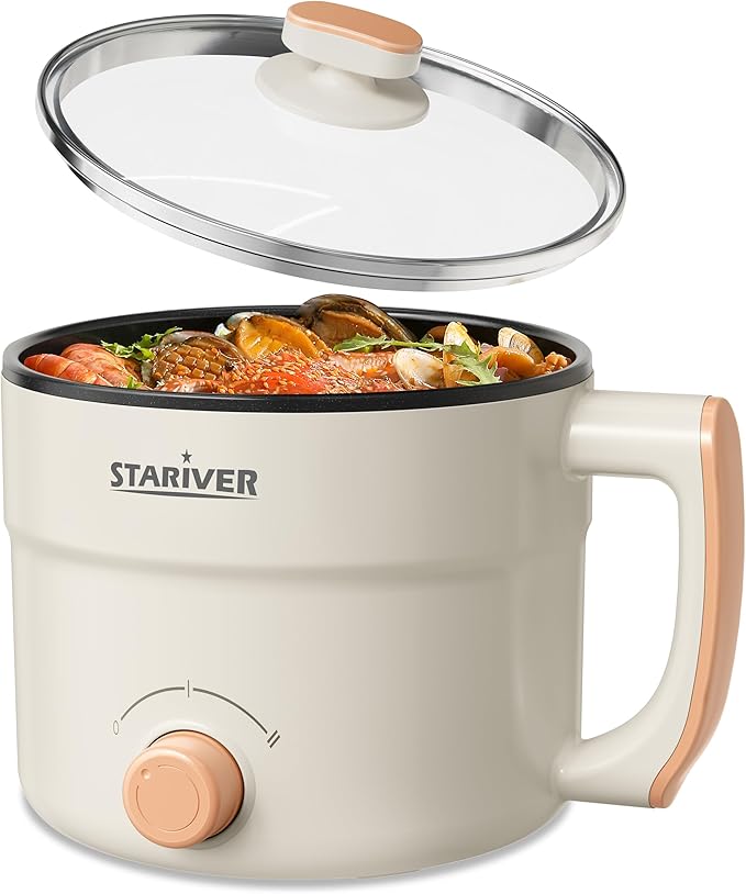 Stariver 1.5L Electric Hot Pot - Mini Portable Electric Pot, Non-Stick Noodle Cooker for Ramen, Soup, Pasta, Egg, Oatmeal - Overheat & Boil-Dry Protection - Ideal for Dorm, Office, Travel Gift