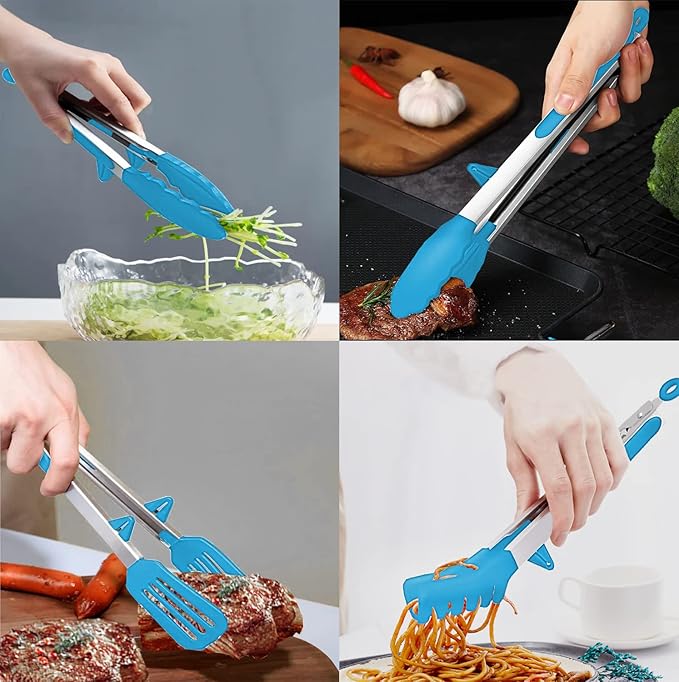 4 Pack Silicone Kitchen Cooking Tongs Set, Stainless Steel Nonstick Food Tong with BPA Free Silicone Tips for Serving Pasta Spaghetti Steak Pie Pizza Salad Vegetable Fruit Grilling BBQ Buffet 9" & 12"