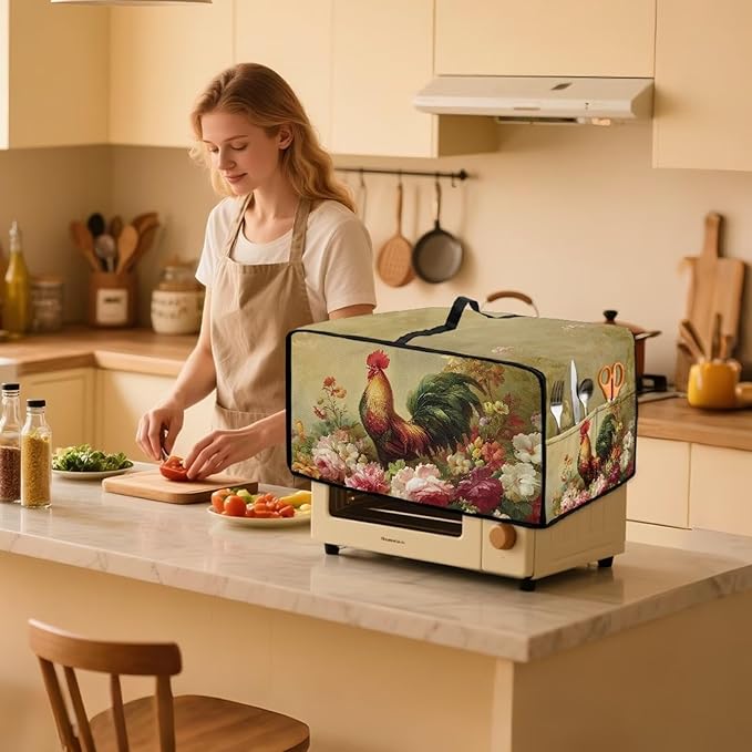 Air Fryer Toaster Oven Dust Cover Dust Protection Countertop Convection Oven Cover Stain-resistant Kitchen Appliance Protector, S, Chicken Rooster Vintage Floral