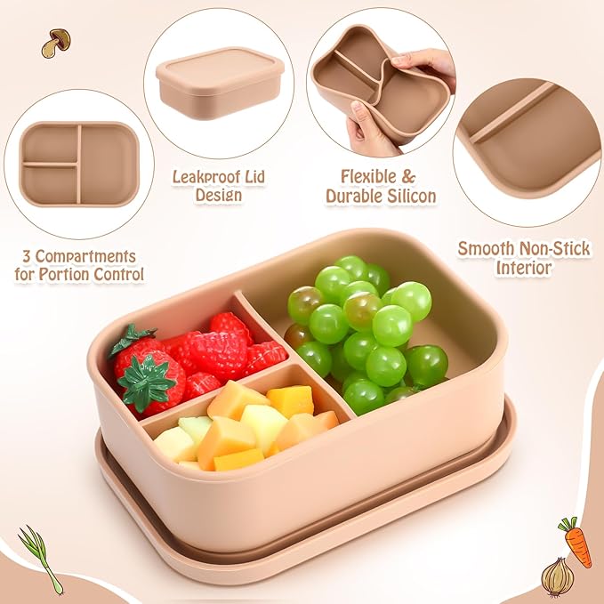 Honeydak 4 Pcs Silicone Bento Box for Adults, 3 Compartment Lunchable Food Container for Women Men, Leak Proof Microwave Dishwasher Freezer Safe (Yellow)