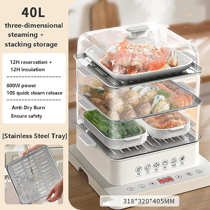 40l 3-Tier Electric Food Steamer | 800w Automatic Multicooker with Touch Control, Heat Preservation, Foldable Design for Healthy Cooking