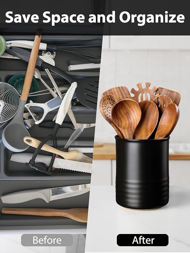 Utensil Holder, 6.7" Ceramic Kitchen Utensil Crock for Countertop Cooking, Modern Utensil Caddy Jar Organizer for Farmhouse Kitchen Counter Décor, Matte Black