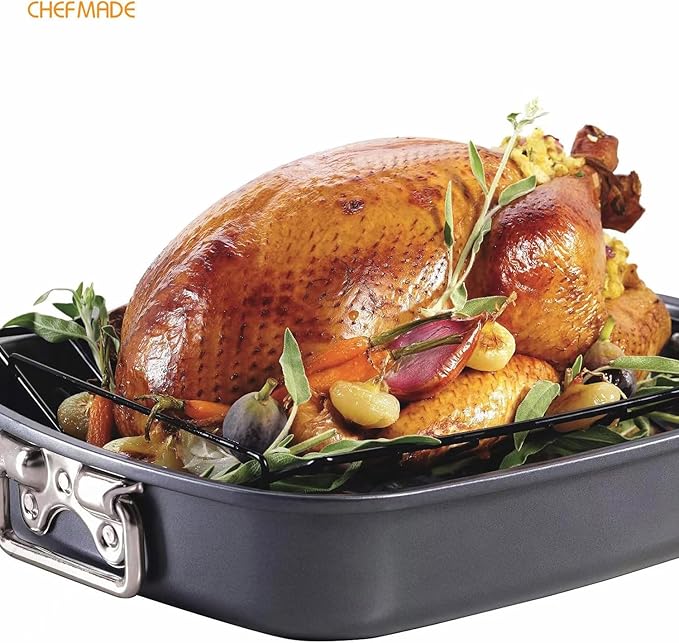 CHEFMADE Roasting Pan, 17-Inch Non-Stick Turkey Roaster Lasagna Pan with V Rack - Rectangular Deep Dish Chicken Roaster-BBQ Pan for Turkey 14.1" x 17.1" x 3.3"(Black)