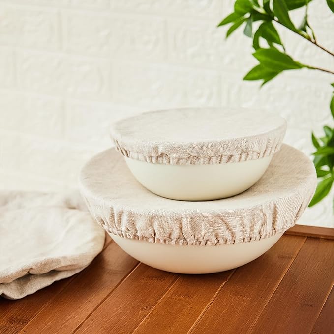 100% Pure Linen Bowl Covers For Bread Proofing, 4 Pcs Elastic Reusable Solid Color Cloth Fabric Bowl Covers,XL Organic Washable Large Stretch Sourdough Lids 6 * 8 * 10 * 12 Inches, Linen