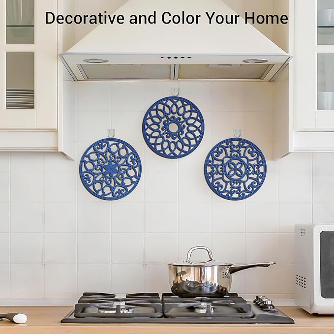 SMARTAKE 6 Set Silicone Trivet Mats, Multi-Use Carved Trivet Mat, Insulated Non-Slip Durable Kitchen Mats, Flexible Modern Kitchen Table Mat, for Hot Dishes, Pots, Dining Countertop, Navy Blue