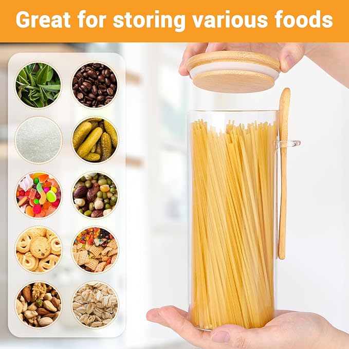 Glass Jars with Bamboo Lids and Spoons - 2 Pack 31 Fl.oz Round Flour Sugar Storage Containers Set, Includes Labels, Marker and Brush, Clear Glass Canister for Kitchen Pantry, Cereal, Rice, Pasta
