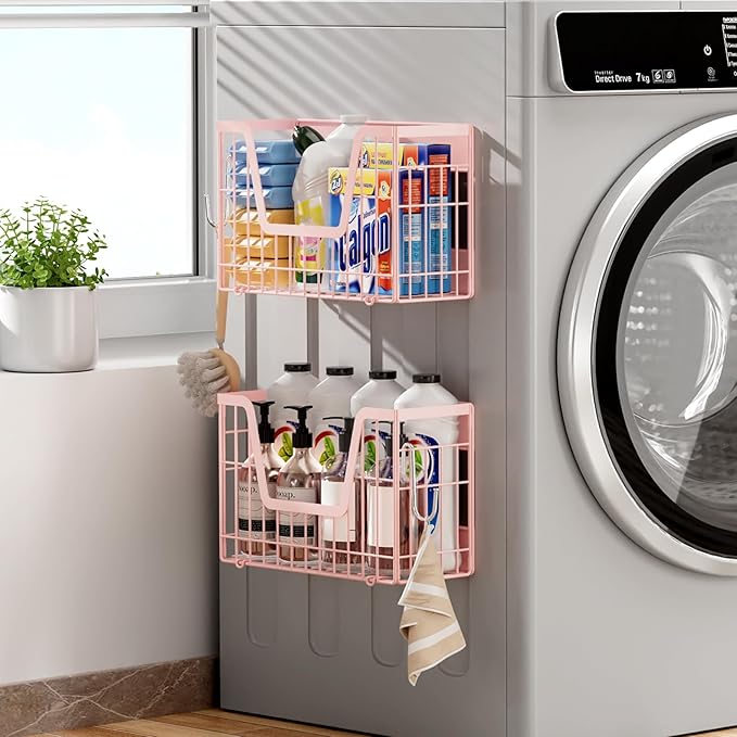 Pink Magnetic Shelf for Fridge, 2 Set Magnetic Fruit Baskets for Refrigerator Magnet Shelves, Potato and Onion Storage Bins, Magnet Holder Wire Basket for Laundry Room Pantry Kitchen Organizer