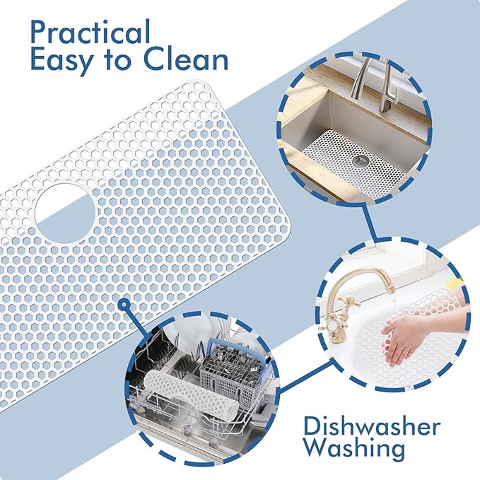 Bestjing Silicone Sink Protectors for Kitchen Sink with Rear Drain - 28.3"x 15.7" Non-Slip Heat Resistant Mat for Bottom of Farmhouse Stainless Steel Porcelain (White)