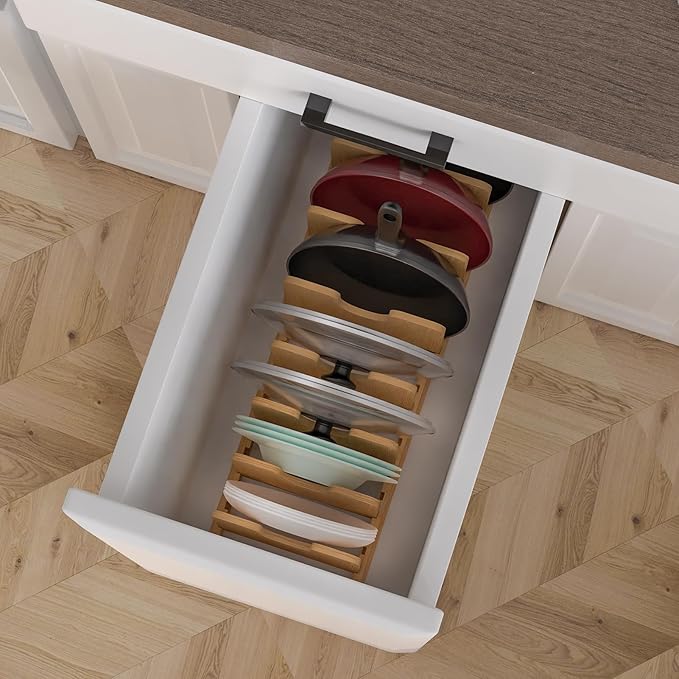 Expandable Pot Lid Organizer, Bamboo Pot and Pan Organizer for Under Cabinet, 16" to 28" Adjustable Length and 10 Dividers
