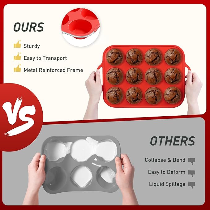 2 Packs 12 Cups Silicone Muffin Pan for Baking with Metal Reinforced Frame Regular Size Cupcake Pan Tray Egg Bites Silicone Cookie Molds Muffin Tin Tart Pans Sheet Set for Oven Dishwasher Safe