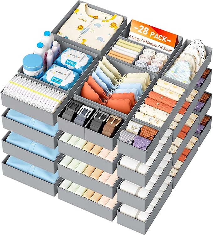 DIMJ Drawer Organizer Clothes 28 Pack - Foldable Baby Organizers and Storage & Closet Organizers for Bedroom, Closet - Nursery Organization Dresser Dividers for underwear, Sock,Bra, Belt, Tie,Gray