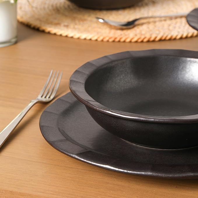 Stone Lain Oasis 24-Piece Dinnerware Set Stoneware, Dishwasher and Microwave Safe Plates and Bowls Set, Dish Set for 8, Black