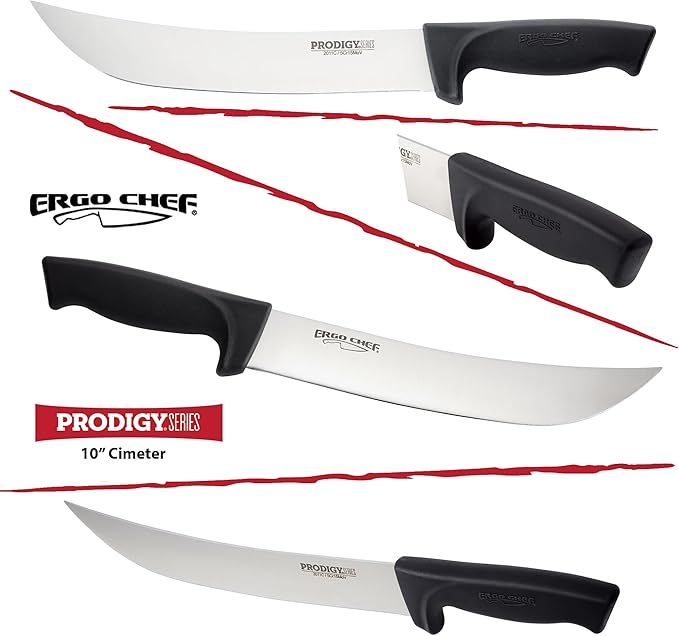 Ergo Chef Prodigy Series 10-Inch Cimeter Breaking Knife - High Carbon Stainless Steel Curved Blade Butcher Meat Knife, Ergonomic Non-Slip Handle, Black