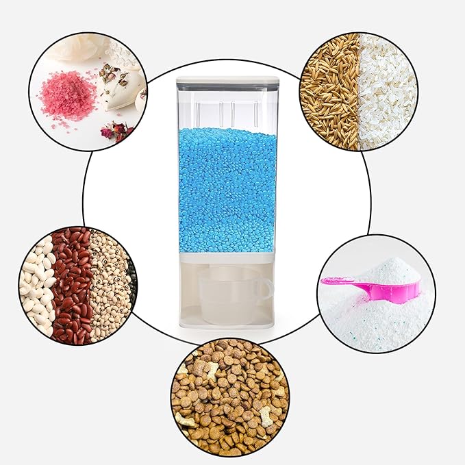 AVLA Rice Dispenser, Wall-Mounted Laundry Detergent Container, Cereal Dry Food Storage Bucket with Measuring Cup, Kitchen Grain Organizer with Lid, BPA-Free, for Beans, Laundry Scent Bead, Pet Food