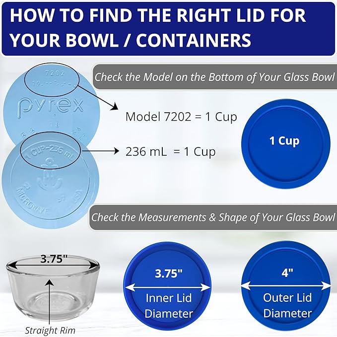 1, 2, 4 & 7 Cup Blue Round & 3, 6, 11 Cup Blue Rectangle Replacement Lids/Covers for Pyrex, Anchor Hocking & KlareWare Storage Bowls *Lids Only -Glass Container Not Included*, 14 Pack *2 of Each Size*