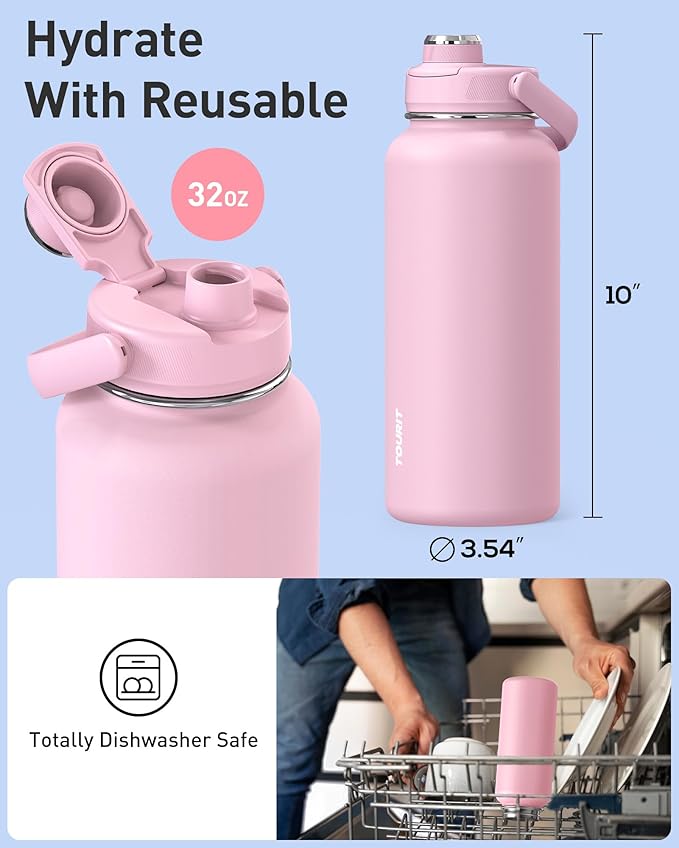 TOURIT 32 oz Insulated Water Bottle, Stainless Steel Sports Water Bottles With Top Handle, Double-Wall Travel Thermal Water Flask, BPA Free Leakproof Water Bottle for Sports and Travel,Pink