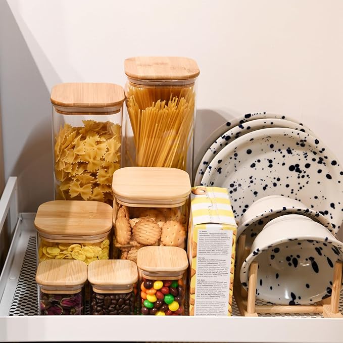 SHOWIN Glass Food Storage Jars Square 37oz, 4 Pack Glass Jars With Bamboo Lids, Kitchen Storage Containers For Spice, Candy, Cookie, Storage For Pantry Organizers