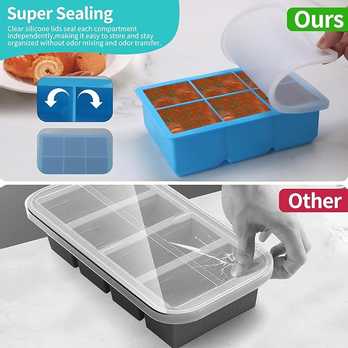 1/2-Cup & 2 Tbsp & 1 Tbsp Silicone Freezer Molds - Perfect for Storing Garlic, Herbs, Ginger, Pesto, Tomato Paste, Freezing Soup,Stews,Sauces,Purees and More - Silicone Food Freezer Tray(Blue 6 Pack)