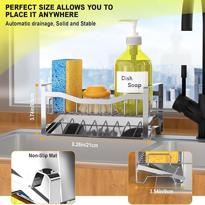 Maifan Stainless Steel Kitchen Sink Caddy Organizer with Auto Drain Tray, Sponge Holder for Countertop Storage Silver