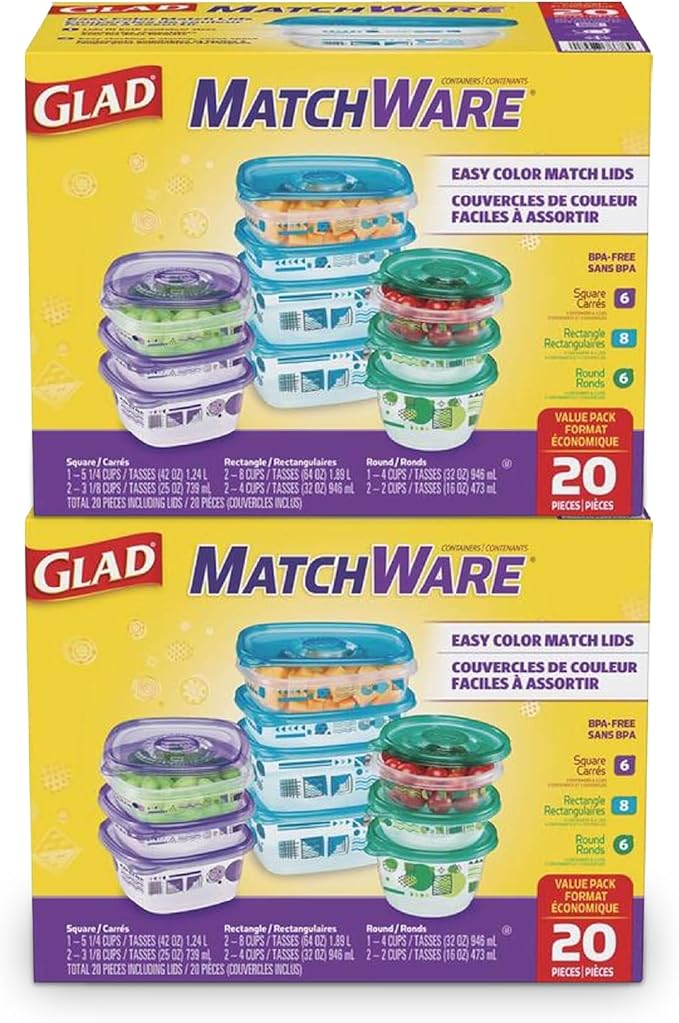 Glad GladWare MatchWare Food Storage Containers with Lids, No BPA Reusable Plastic 20 Piece Variety Pack for Lunches, Meal Prep, and Leftovers, Leak Resistant, Microwave and Dishwasher Safe - 2 Pack