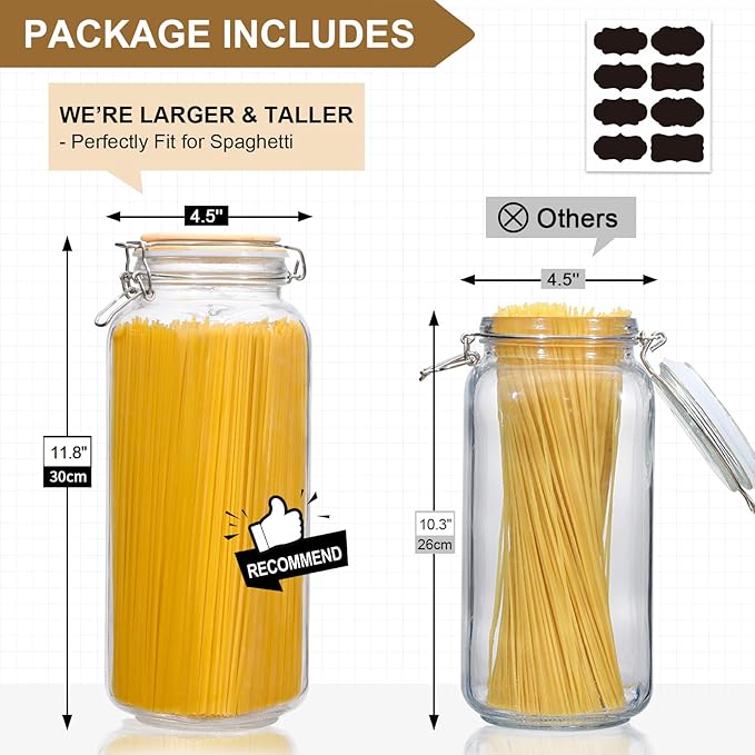 VITEVER [ Taller ] 92oz Glass Jars with Airtight Lid, Large Glass Food Storage Jars, 3 Pack Wide Mouth Airtight Glass Jars for Kitchen Pantry Spaghetti, Square Mason Jars with Labels